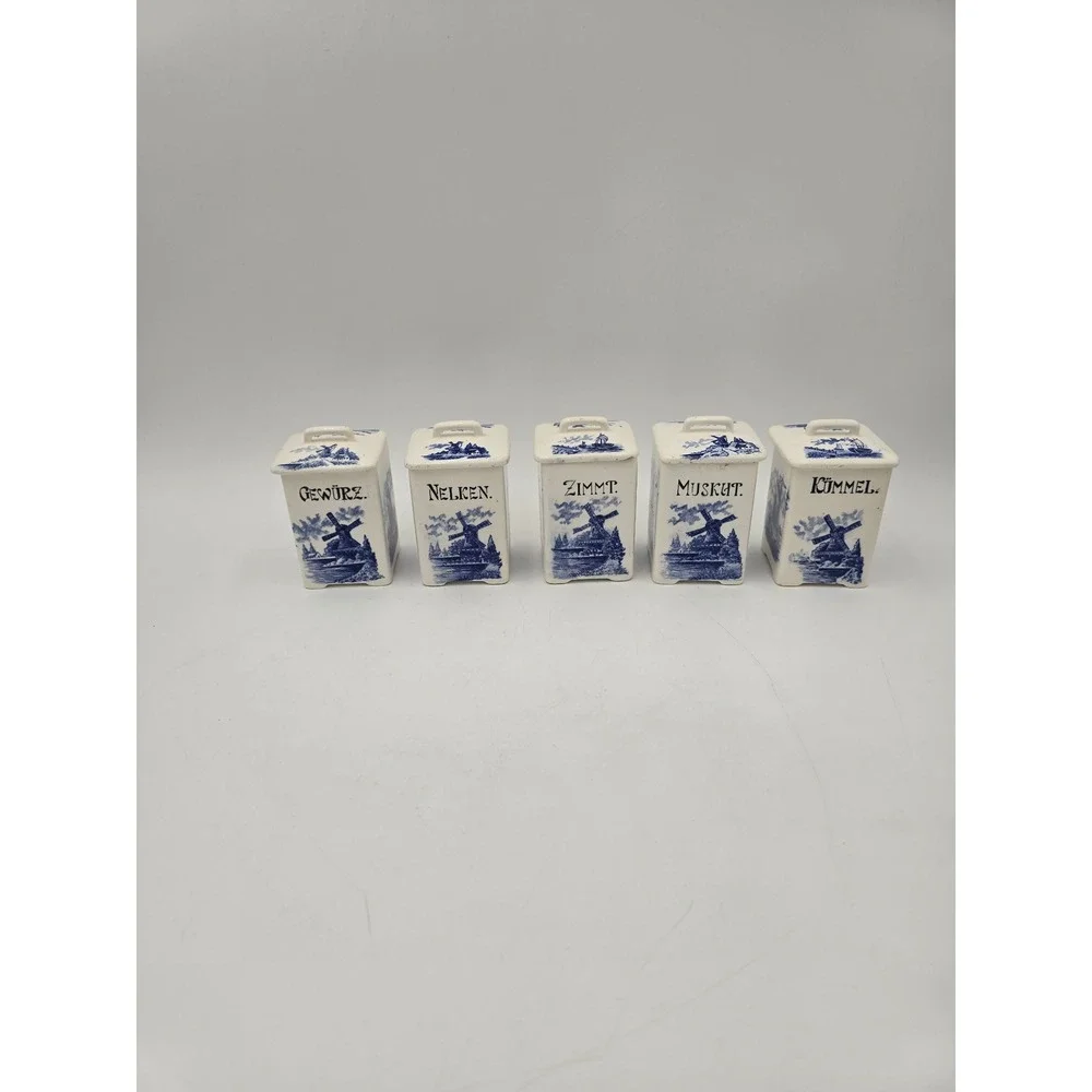Vintage German Delft Blue Ceramic Spice Canister Set‎ Windmill Sailboat 5pc